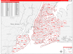 New York 5 Boroughs Wall Map Zip Code Red Line Style 2024